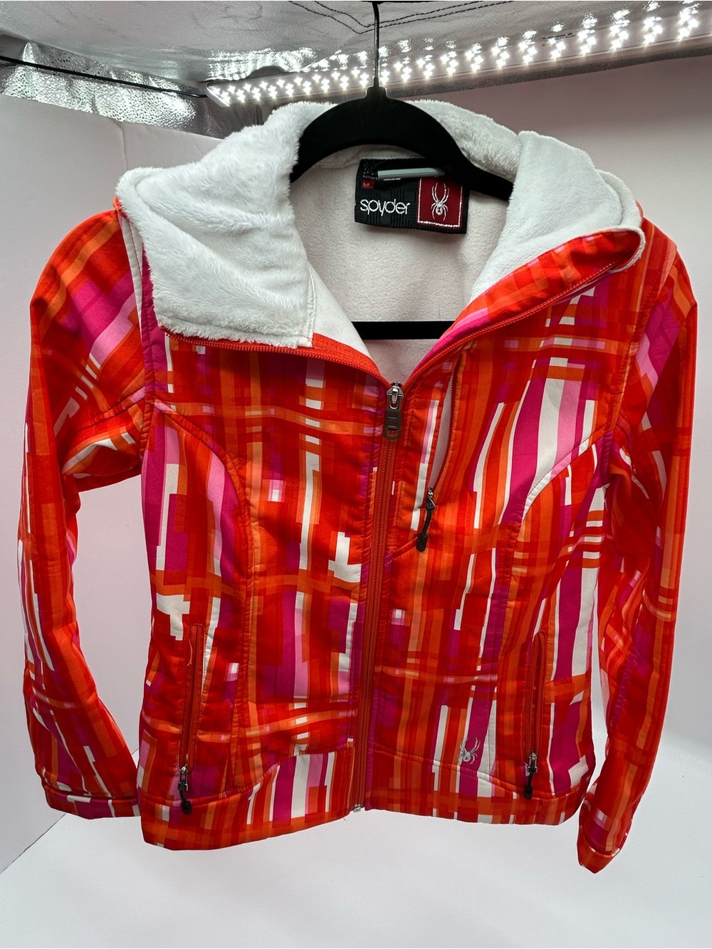 Spyder Ladies Zip Up Jacket in Orange & Pink Plaid Ski Jacket size small